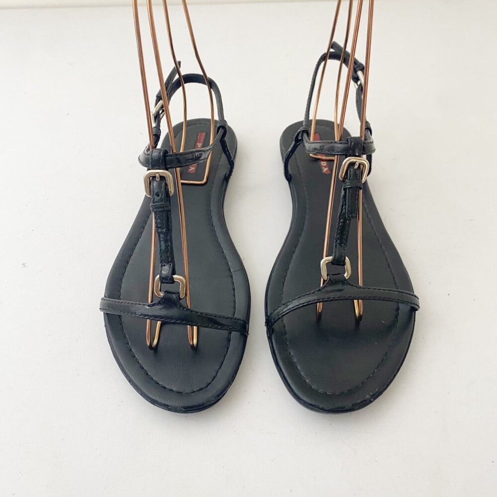 Prada Buckle Sandals Shoes Black Leather - Picture 2 of 9